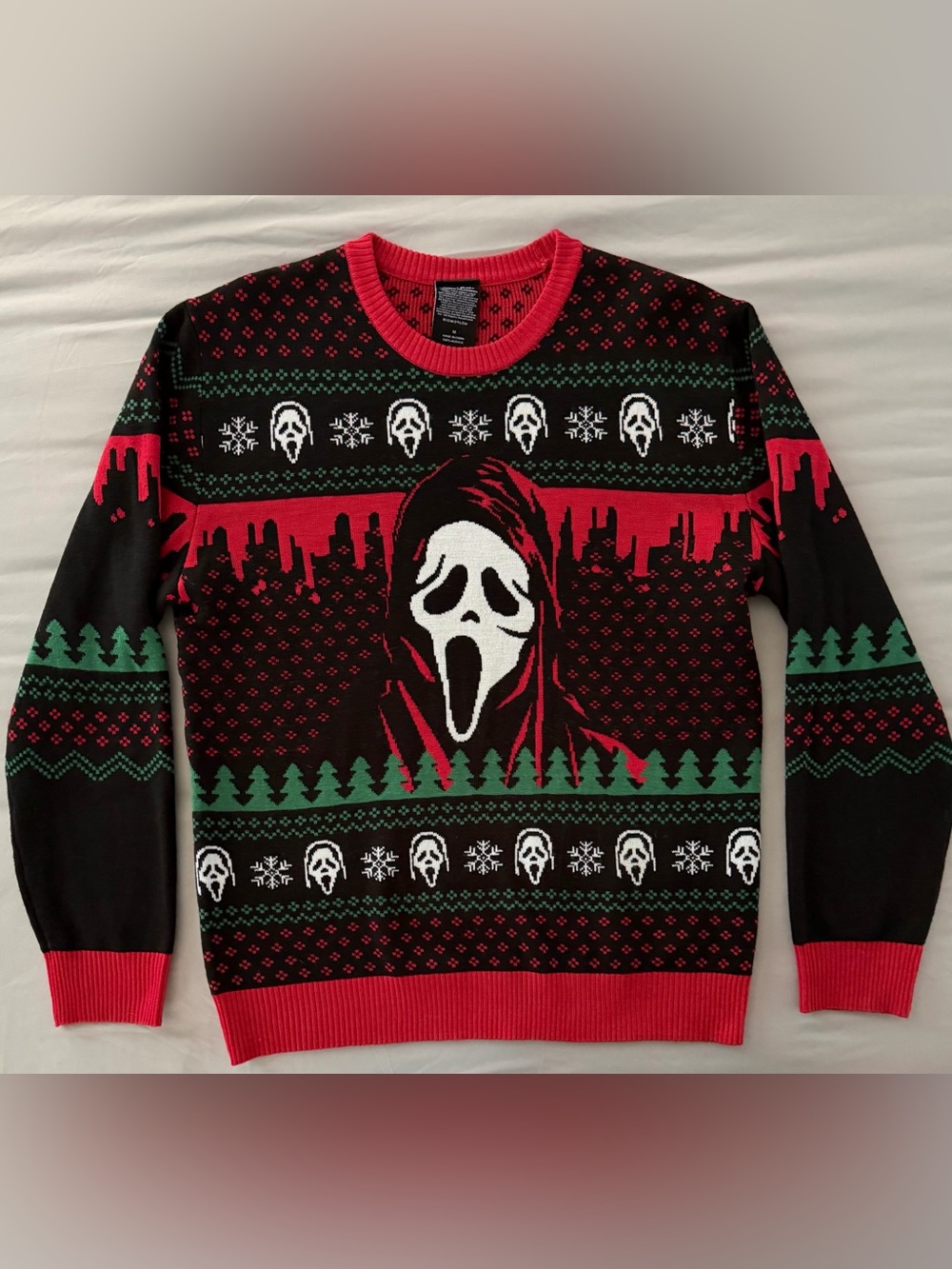 Ghost Face Scream Ugly Christmas Sweater He Sees You Sleeping Bioworld Medium